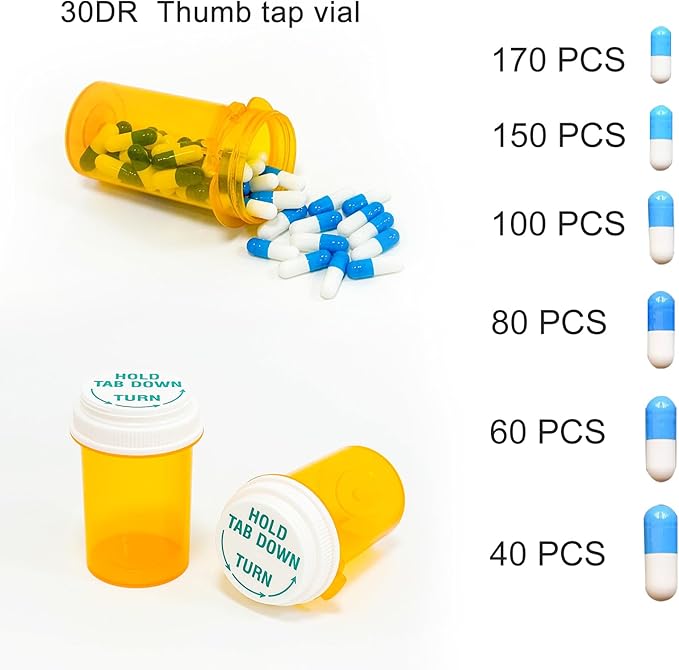 Prescription Reversible Thumb Tab Vials,Pill Bottles with Child Resistant Cap,Empty Medicine Bottles with Caps,Medicine Container for Personal Medication & Pharmacy.(30dram,12pcs)