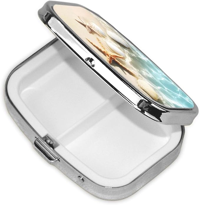 Starfish Beach Seashells Pill Box with Mirror 2 Compartment Metal Square Small Pill Case for Purse or Pocket Portable Pill Container Holder Travel Medicine Organizer for Vitamin Fish Oil Supplement