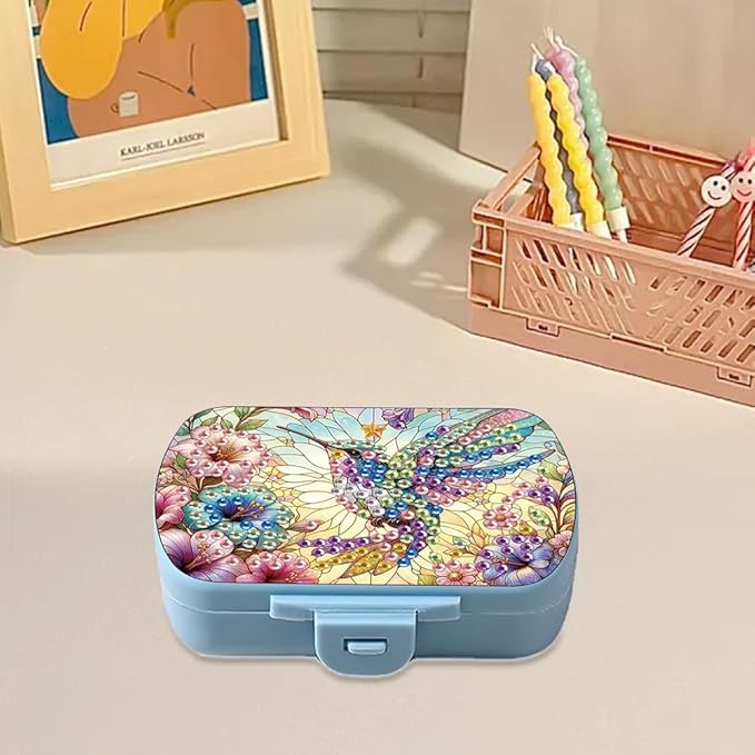 C'eitura DIY Hummingbird Diamond Art Painting Blue Pill Organizer with 6 Lid Detachable Compartments, Fun DIY Craft Project for Adults, Elegant Pill Case for Purse & Travel