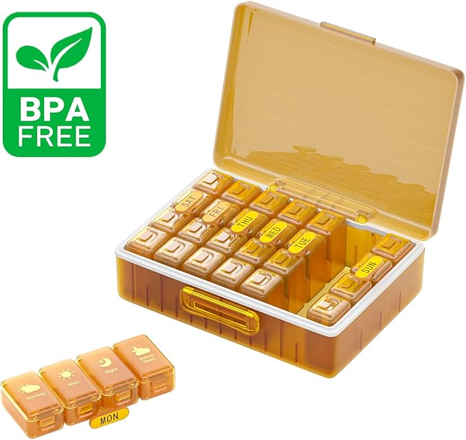 Weekly Pill Organizer 4 Times a Day, Large Compartments Pill Box 4X 7 Day, Medicine Organizer Pill Case for Pills/Vitamins/Fish Oils/Medication/Supplements (Yellow)