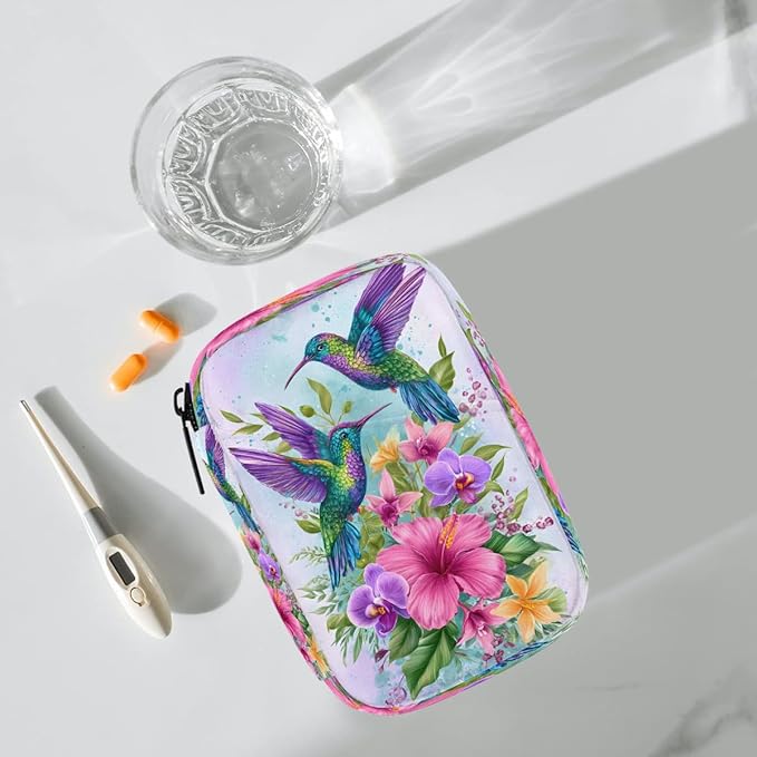 Spring Flowers Birds Pill Case Everyday Travel, 7 Day Weekly Medicine Pill Box Compact Portable Pills Bottle Organizer with Zipper for Daily Vitamin Medicine Holder Bottle Organizers Bag