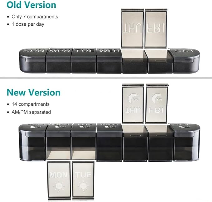 XL AM PM Pill Organizer 2 Times a Day, Fade Resistant Extra Large Weekly Pill Box 7 Day, Double-Sided 14 Compartments for Vitamins, Fish Oil, Supplements & Gummies (Black)