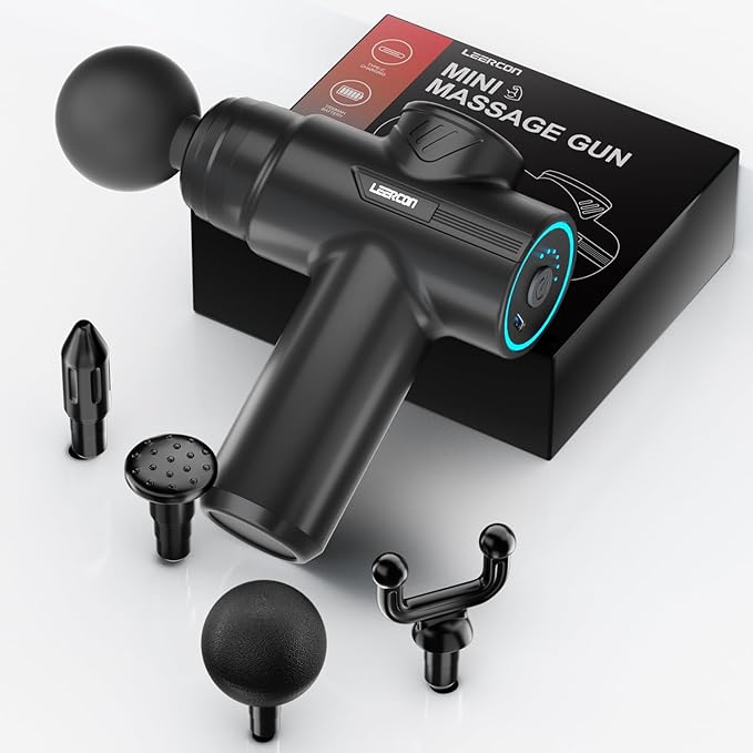 Mini Massage Gun for Deep Tissue Pain Relief, Handheld Portable Percussion Muscle Massager with 6 Speeds & 4 Heads, Fascial Gun for Gym, Office & Travel - Gift for Dad, Mom, Athletes