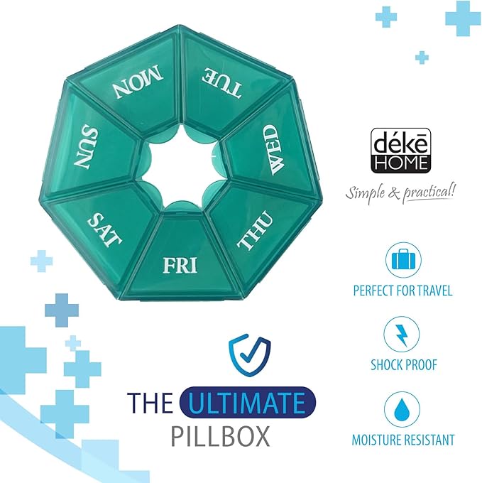 Deke Home - Small Weekly Pill Organizer (2 Pack), Round Pill Dispenser for Travel, Mini Pill Organizer, Compact Medicine Holder, Pill Sorters 7 Days, Portable Vitamin Container, BPA Free (Food Grade)