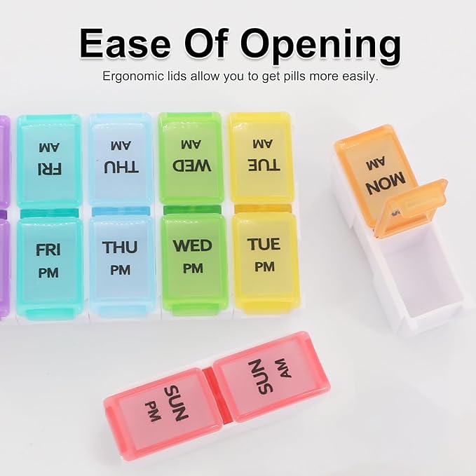 2 PCS Pill Organizer 2 Times a Day for Easy Tracking, Cute Weekly Pill Organizer for Vitamins, Fish Oil, Supplements, Medicines (Colorful/White and Black)