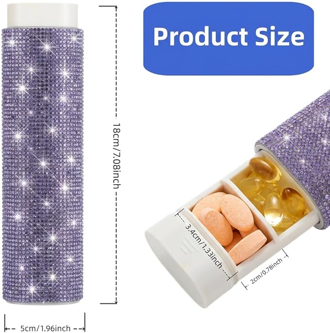 Pill Case for Purse Bling 7-Day Pill Organizer Weekly Compact Medicine Containers Travel Medication Box Holder for Traveling Women(Purple)