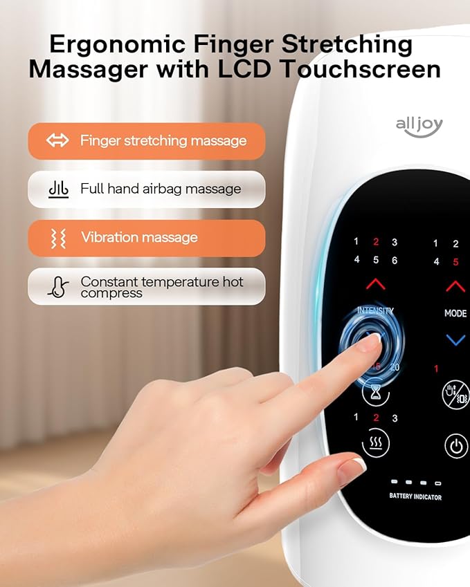 ALLJOY Hand Massager with Heat and Compression, Knuckle Stretching and Hand Massage, 6 Modes 6 Intensities 3 Heat for Arthritis and Carpal Tunnel Relief, Mothers Day Gifts for Women Men(White)