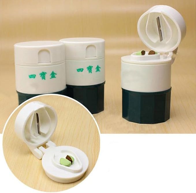 Pill Box, Premium Practical Pill Tablet Medicine Cutter Grinder Crusher Storage Organizer Box Case - White + Army Green
