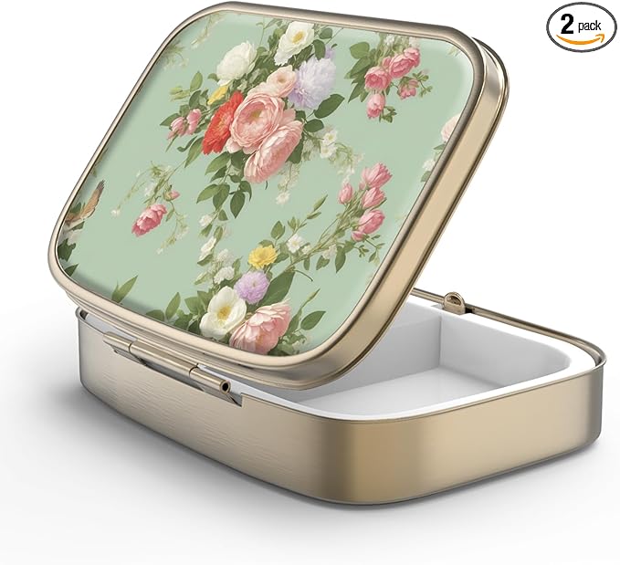 Pill Case Pill Box with Mirror Retro 2 Compartment Small Pill Case for Purse or Pocket Bronze Rectangular Pill Box or Vitamins, Fish Oil, Supplements, Pill Containe Travel Gifts（Retro Green Floral）