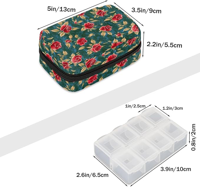 Floral Retro Flower Pill Case Everyday Travel, 7 Day Weekly Medicine Pill Box Compact Portable Pills Bottle Organizer with Zipper for Daily Vitamin Medicine Holder Bottle Organizers Bag