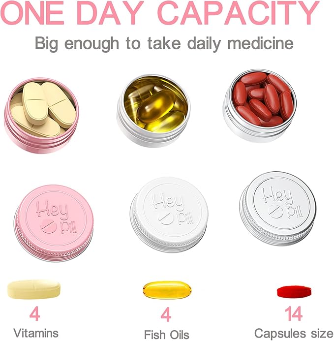 Extra Small Pill Box for Purse (3 Pack), ADHYRO Aluminum Mini Pill Case, Daily Portable Lightproof Pill Organizer to Hold Vitamins, Fish Oils, Supplements (Pink Silver White)…