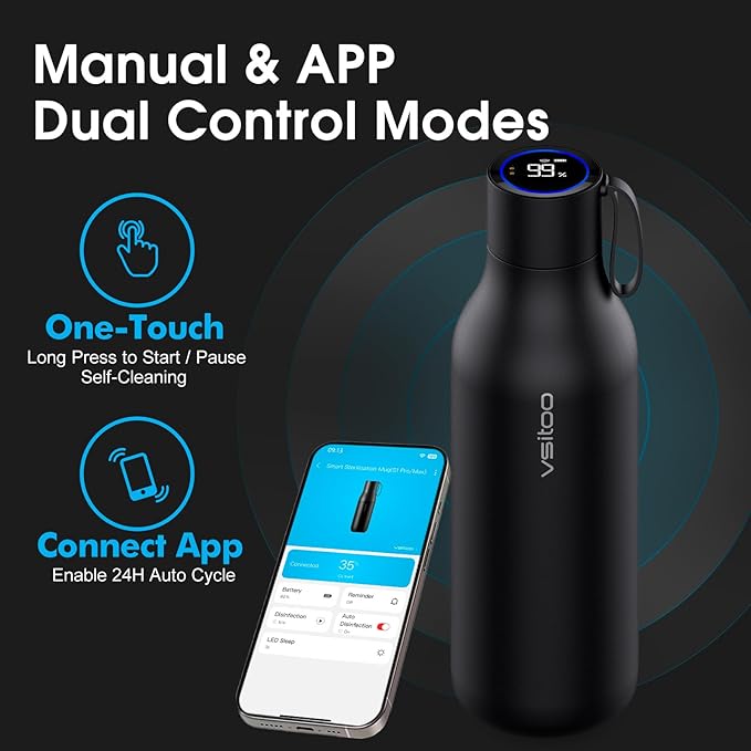 VSITOO 33oz Smart Self-Cleaning Water Bottle，Large Insulated Stainless Steel Bottle with AI Self-Clean, 30-Day Battery & Magnetic Charging for Outdoor Travel, Gym or Office, Black