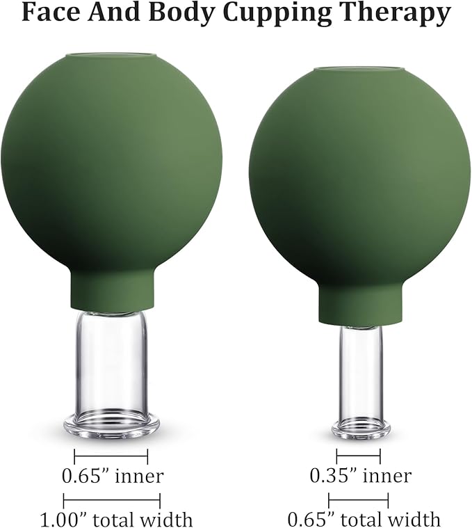 Nuanchu 2 Pieces Glass Cupping Set, Facial Cupping Cups Glass Silicone Cups Vacuum Suction for Face Skin Back Shoulder Muscle(1 Inch and 0.65 Inch Diameter,Army Green)