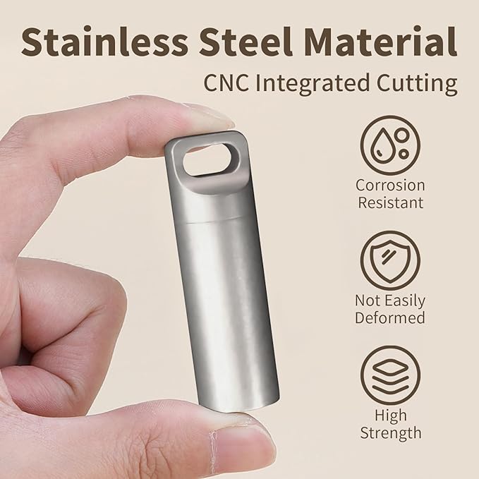 Stainless Steel Pill Box Keychain, Waterproof Compact Pill Organizer for Emergency Pills & Vitamins, Portable Keyring Necklace Holder, Travel Hiking Essentials