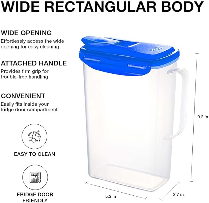 LocknLock Aqua Fridge Door Water Jug with Handle BPA Free Plastic Pitcher with Flip Top Lid Perfect for Making Teas and Juices, 2 QT, Blue (Pack of 5)