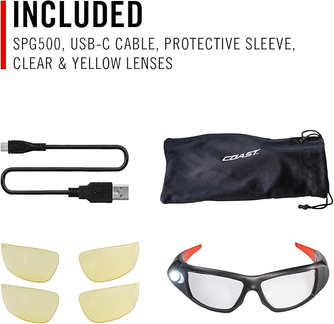 Coast SPG500 Rechargeable Lighted LED Safety Glasses, Tilt-and-Twist Optic, ANSI Z87 Standards, 2 Scratch Resistant Lenses (Clear, Yellow) Included, UV Protection, Protective Carrying Case Included