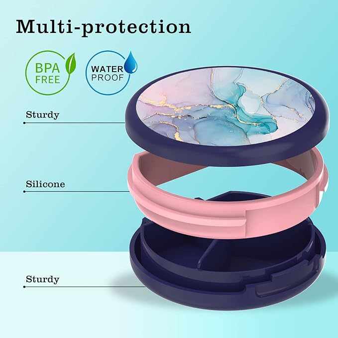 Serfeymi Small Pill Box - 3 Compartments Portable Pill Box for Purse Pocket, Compact Mini Travel Pill Case - Suitable for Medicine, Vitamin, Fish Oil, Supplements - Dark Blue(Marble)