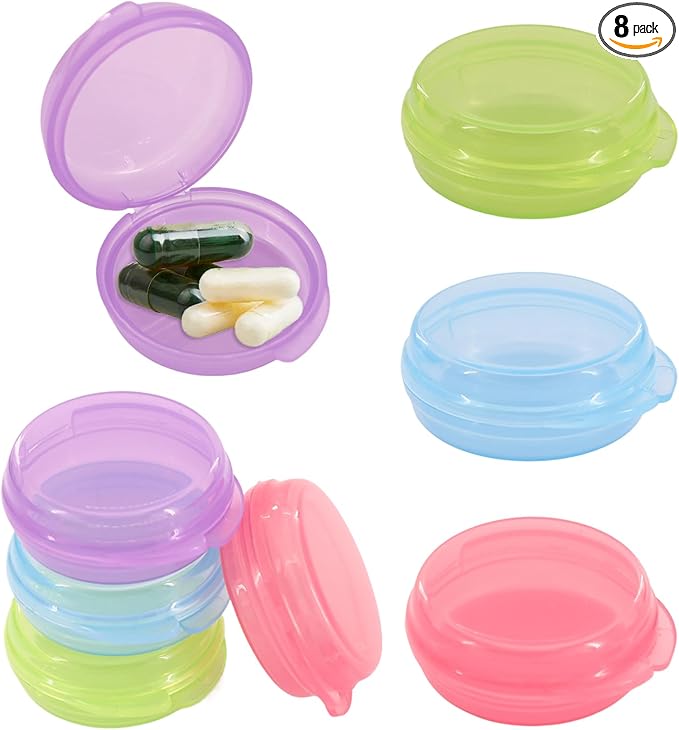 8 Pcs Small Pill Case, Colored Mini Pill Box, Portable Daily Mini Medicine Holder for Purse Pocket Briefcase, Perfect for Traveling(Pink+Blue+Green+Purple)