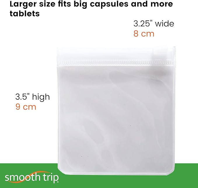 Smooth Trip Pill Bags for Travel - 8 Reusable Certified Food Grade Zip Top Pill Pouches for Medicine, Vitamins, Snacks and Accessories - Larger 3.25 x 3.5 Size