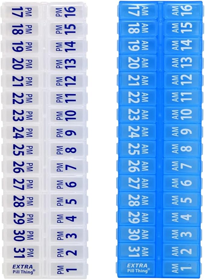 Twice-a-Day Monthly Pill Box Planner Set - AM & PM Medication Organizer for 31 Days! Set Contains 2 Organizers for One Month. (Clear/Blue - 31 Day AM/PM)