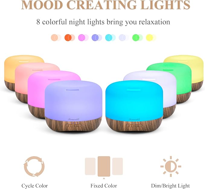 Aromatherapy Essential Oil Diffuser for Room: 500ml Colorful Aroma Air Humidifier with Adjustable Cool Mist Mode, Waterless Auto Off Ultrasonic Diffusers for Large Room Home Office(Brown)