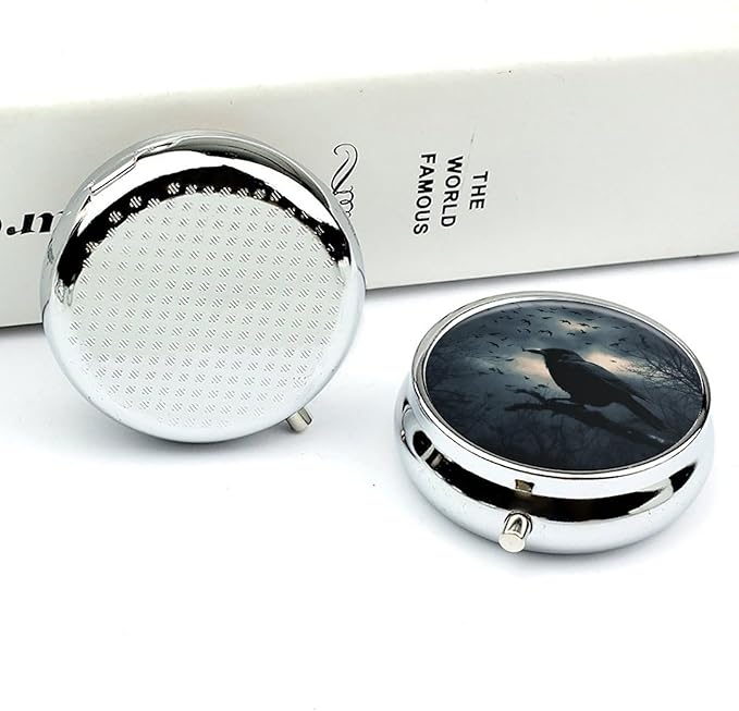 Night Crow Pill Box Travel Pill Case for Purse Pocket Weekly Medicine Organizer with Mirror 3 Compartment Round Medicine Case Portable PillcaseHolder for Daily