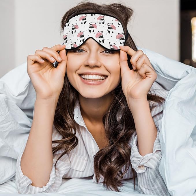 Cute Panda Bears Silk Eye Mask Sleep Mask Dandelion Pink Flower Cute Cartoon Eye Mask with Adjustable Strap Lightweight for Women Work Travel Night Sleep