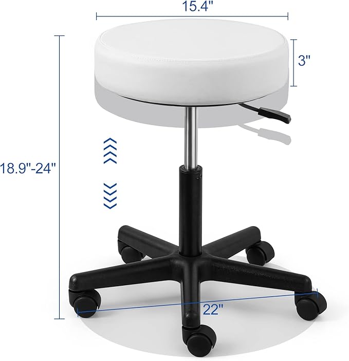JMU Rolling Stool with Wheels, PVC Leather Large Seat, 400lbs Heavy Duty Adjustable Height,for Dentists Healthcare (White)