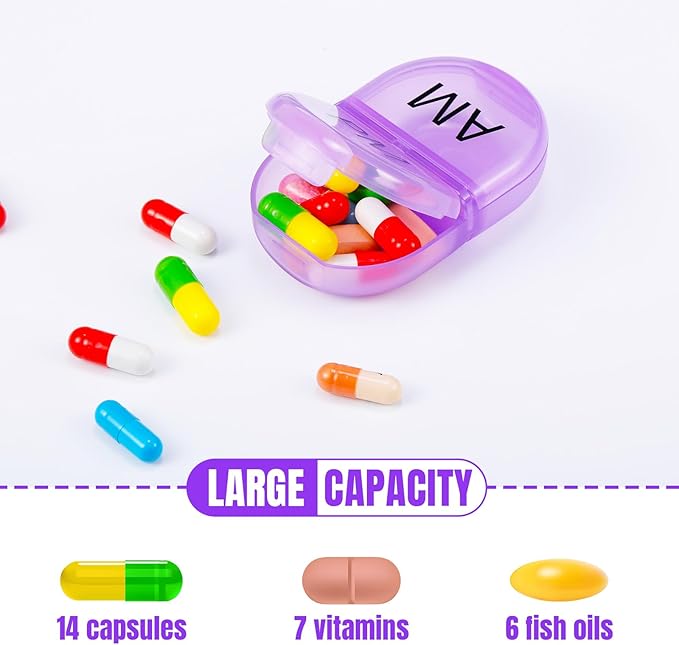 6 Pack Pill Organizer Pocket Small Case Holder Am Pm Pill Case Portable Two Compartment Round Travel 2 Times a Day for Vitamin Medication Supplement(Purple)