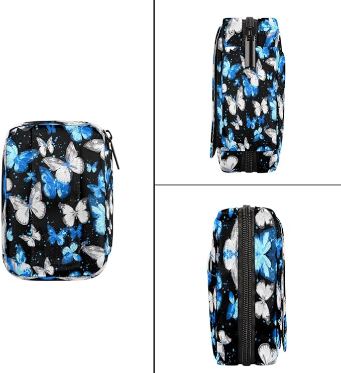Beautiful Blue Butterflies Pill Case Travel Pill Organizer Weekly 7 Day Portable with Zipper Medicine Box Pill Case for Vitamins, Birth Control,Fish Oils,Medication, Supplements
