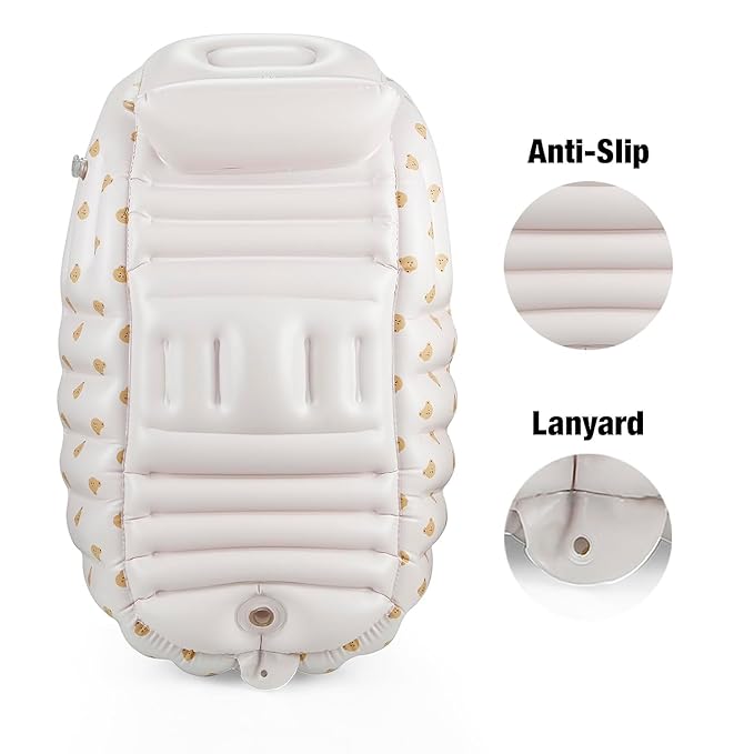 PandaEar Inflatable Baby Bathtub with Integrated Built-in Air Pump - No External Pump Needed, Non-Slip Portable Toddler Bath Tub, Travel-Friendly Foldable Infant Tub for Newborns to 24 Months（Bears）