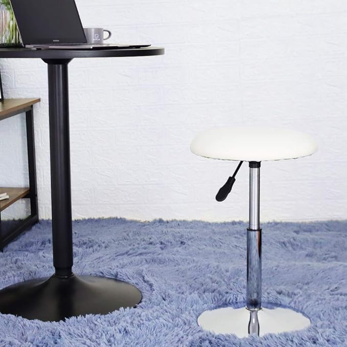 FURWOO Round Vanity Chair Height Adjustable Mini Bar Stool for Salon Spa Small White PU Leather