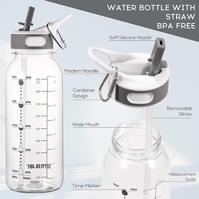 1L Clear Water Bottle, 32oz Motivational Water Bottle with Straw, Bottle Joy Sports Water Bottle with Time, Tritan Leakproof Markers-BPA-Free Jug, Buckle Drinking Bottles for School, Outdoor Gym