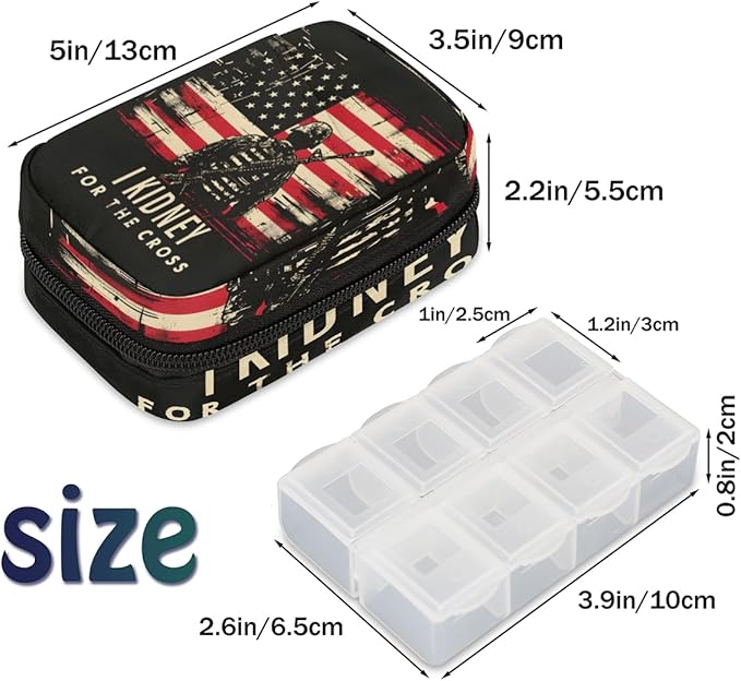 American Flag Cross Army Travel Pill Organizer Box Weekly Portable Pill Case Daily Pills 7 Day Small Birth Control Pills Container Removable Compartments for Medicine Vitamins Fish Oil