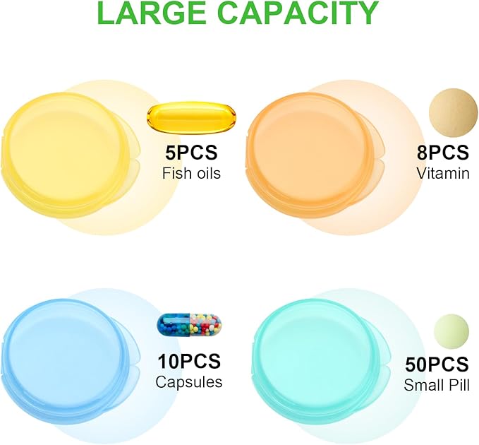 Small Pill Case,8 Pack Travel Round Pill Boxes,Portable Mini Daily Pill Organizer Container,Tiny Medicine Storage for Pocket Purse,Clear Compact Caddy Dispenser for Vitamin, Cod, Liver Oil - Colored