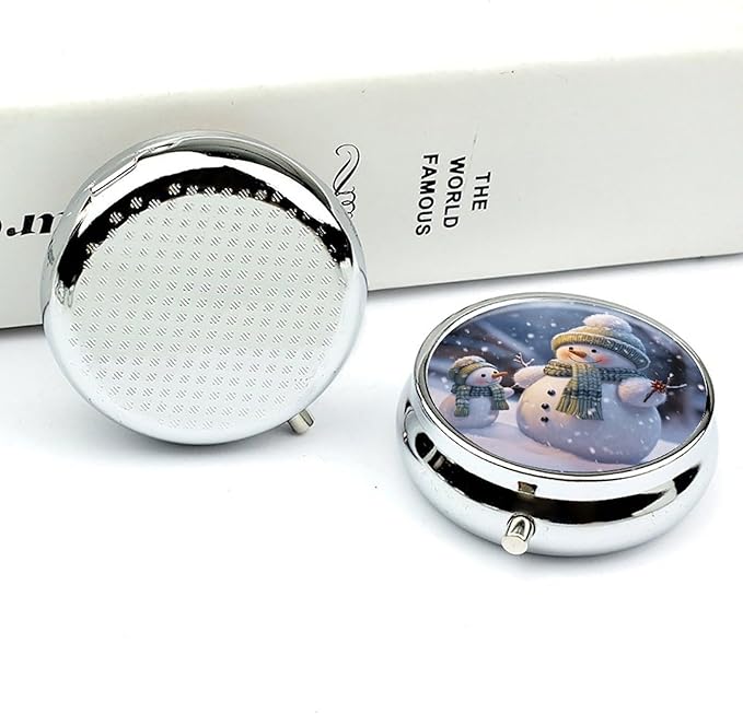 Winter Snowman Pill Case 3 Compartment Portable Pill Box Daily Round Pill Organizer for Pocket Purse Daily Medicine Container to Hold Vitamins Fish Oil Travel Gifts