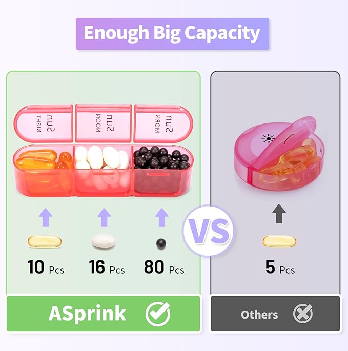 ASprink Pink and Purple Pill Organizer 3 Times a Day - Weekly Pill Box 3 Times a Day - Daily Pill Box 7 Day Medicine Organizer, Large Pill Case Pill Box 3 Times a Day, Travel Pill Organizer,