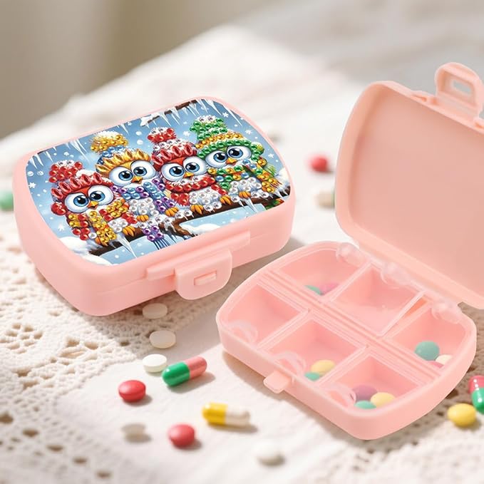 C'eitura 2pcs DIY Panda & Owl Diamond Art Painting Pink Pill Organizer with 6 Lid Detachable Compartments, Fun DIY Craft Project for Adults, Elegant Pill Case for Purse & Travel