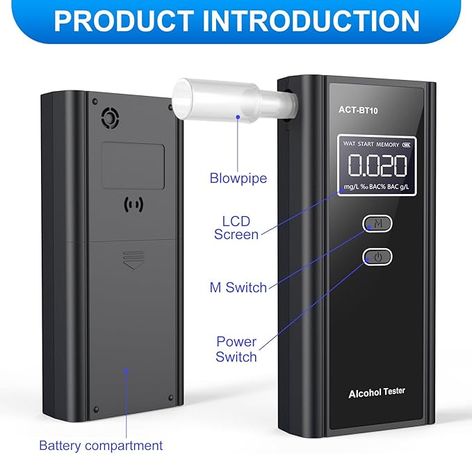 Portable Breath Alcohol Monitor – Personal-Use LCD Breath Checker with 10 Mouthpieces, Compact Device for Home, Car, Party Safety Awareness