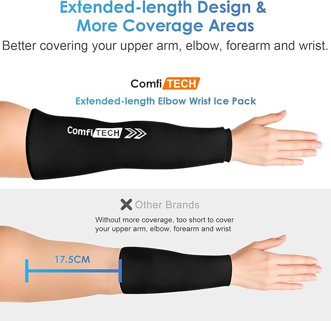 ComfiTECH Full Arm Ice Pack Wrap for Pitchers, Extended-Length Flexible Sleeve for Tennis Elbow, Forearm, Wrist Discomforts, Golfers Arm, Shin Splints, Cold Pack for Athletes Throwing Recovery, M