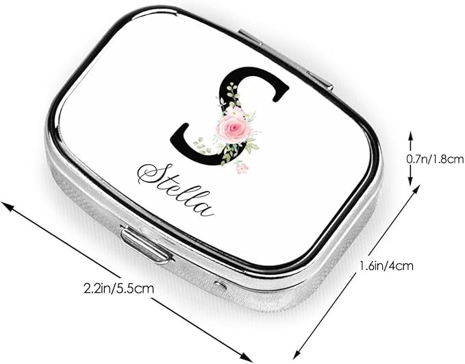 Custom Pill Box Personalized Square Small Pill Case with Mirror Add Your Photo Text Logo Name Decorative 2 Compartment Portable Metal Medicine Container Vitamin Organizer for Pocket Purse Travel (S)