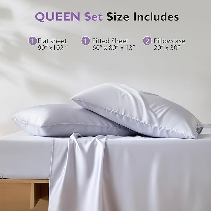 Silver Infused Bed Sheets, 10% Silver 20% Silk Cooling Sheets, Natural & Anti-Odor, Hypoallergenic Bedding for Hot Sleepers & Sensitive Skin - Queen Set