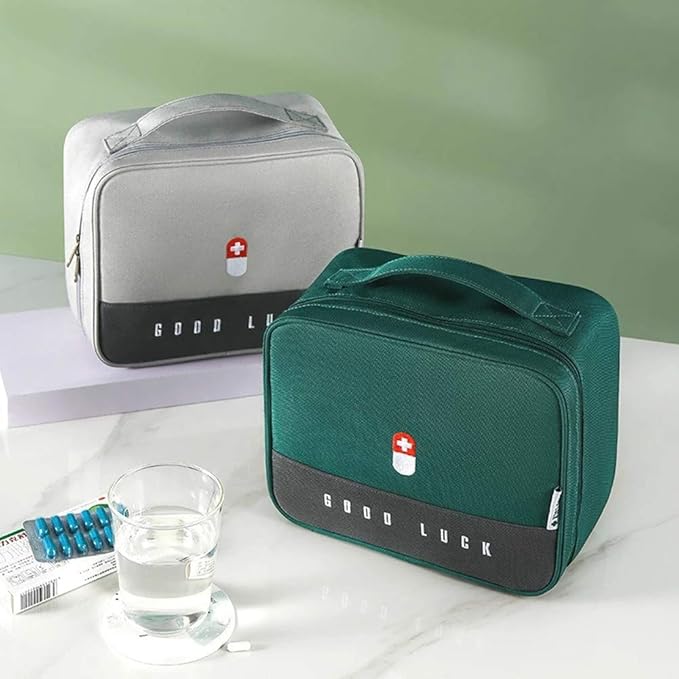 First Aid Kit Bag Empty Travel Medication Pouch Big Zippered Oxford Medical Survival Kit Carrier Handy Medicine Pills Drugs Package Organizer with 5 Pocket+1 Main Holder-9.8x7.9x5.3Inch (Gray-L)