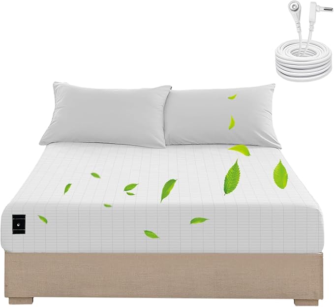 Grounding Sheets Queen Size, Grounding Fitted Sheet 60x80x15 in,10% Pure Silver Fiber, Grounded Bed Sheets for Improved Sleep & Wellness (White, Queen)