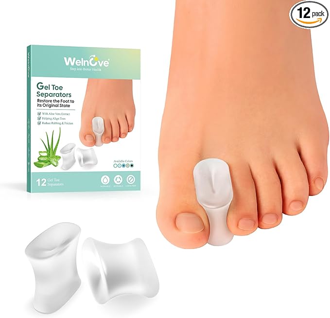 Welnove 12-Pack Gel Toe Separators – Bunion Pads – Toe Spacers for Straightening Overlapping Toes for Men and Women - Transparent