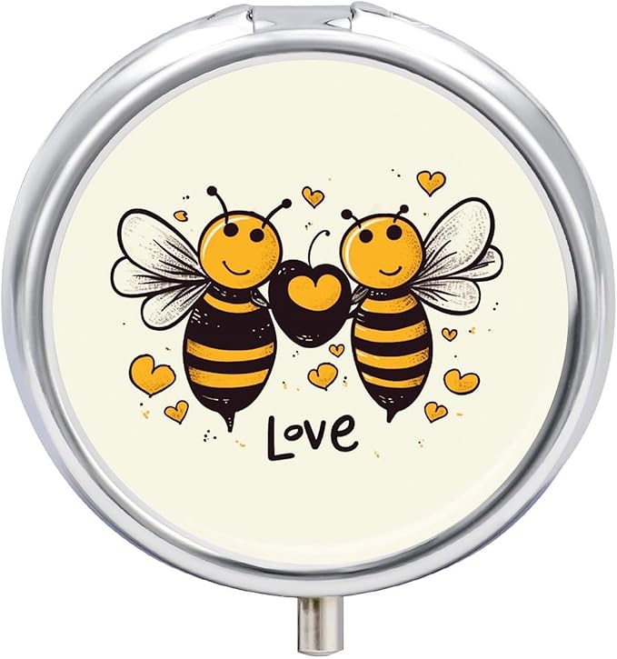 Bee Love Honey Pill Box Travel Pill Case for Purse Pocket Weekly Medicine Organizer with Mirror 3 Compartment Round Medicine Case Portable PillcaseHolder for Daily