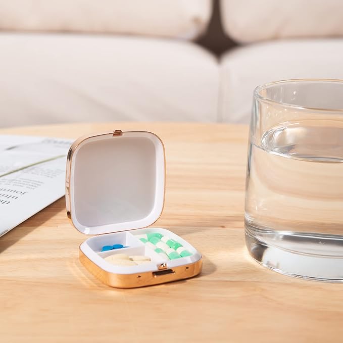 Portable Metal Travel Medicine Box/3 Compartments (Square Gold)