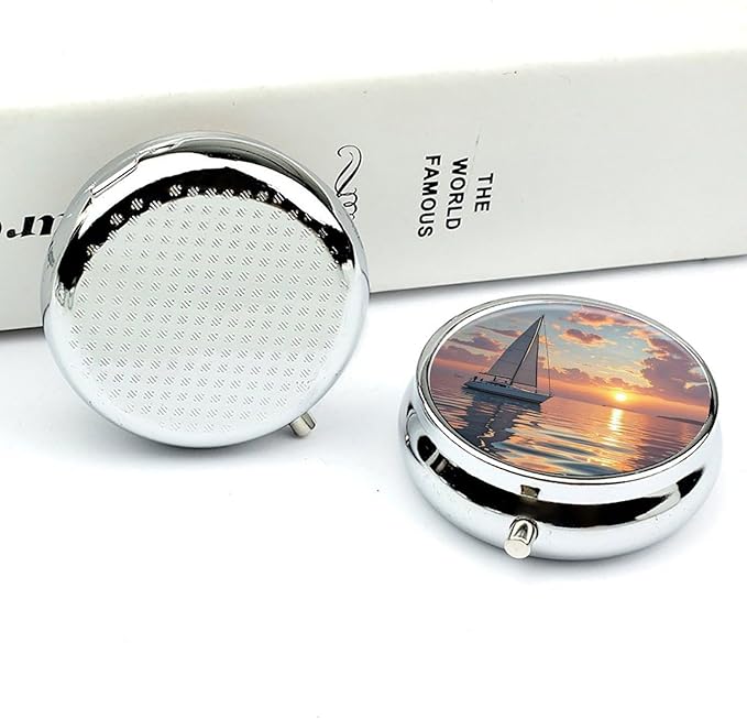Sailboat and Sunset Pill Box Travel Pill Case for Purse Pocket Weekly Medicine Organizer with Mirror 3 Compartment Round Medicine Case Portable PillcaseHolder for Daily