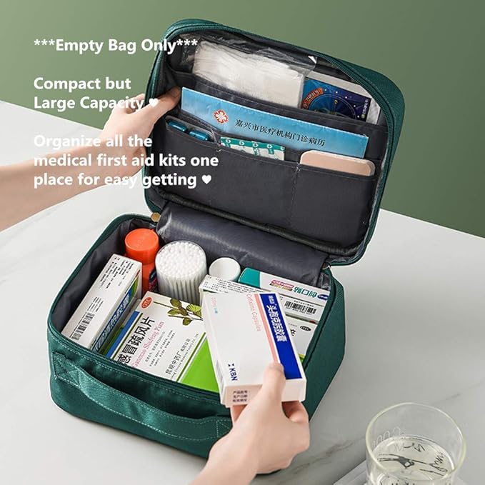 First Aid Kit Bag Empty Travel Medication Pouch Big Zippered Oxford Medical Survival Kit Carrier Handy Medicine Pills Drugs Package Organizer with 5 Pocket+1 Main Holder-9.8x7.9x5.3Inch (Green-L)