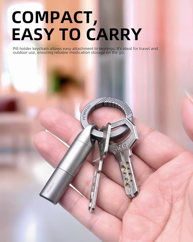 Tikey Titanium EDC Pill Container, Waterproof Keychain Capsule, Pocket Purse Pill Case for Outdoor Travel Camping（Gray） (Pill Case M)